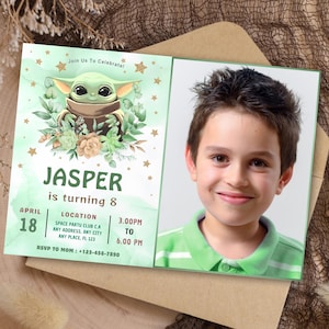 May include: A rectangular birthday invitation card featuring a green watercolor background, a cartoon character illustration, and floral accents. The text reads: Join Us To Celebrate! JASPER is turning 8, April 18, Location, 3.00PM TO 6.00PM, RSVP TO MOM : +123-456-7890.
