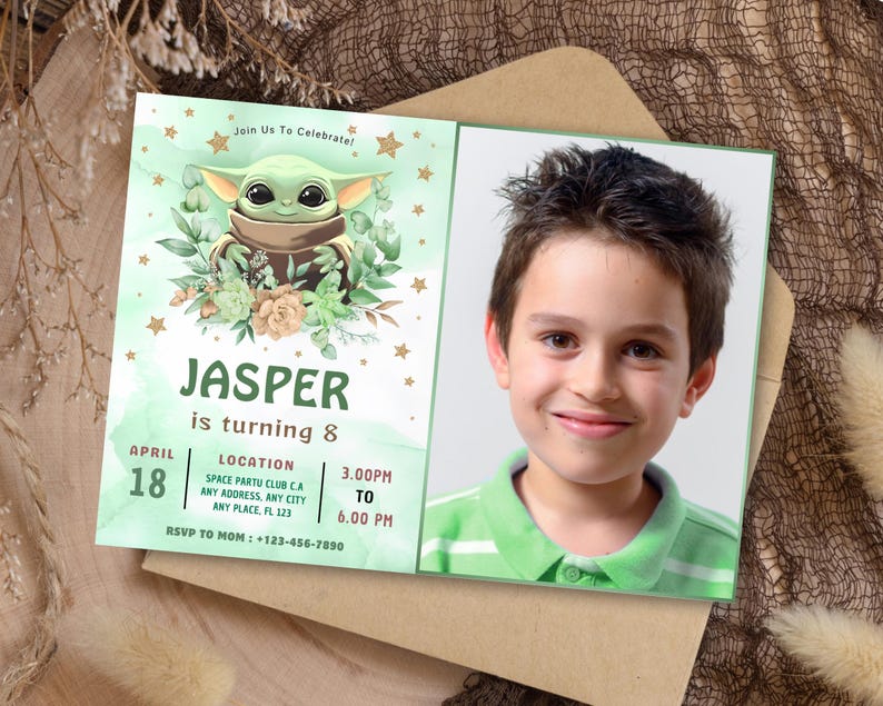 May include: A rectangular birthday invitation card featuring a green watercolor background, a cartoon character illustration, and floral accents. The text reads: Join Us To Celebrate! JASPER is turning 8, April 18, Location, 3.00PM TO 6.00PM, RSVP TO MOM : +123-456-7890.