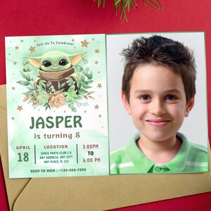 May include: A rectangular birthday invitation card featuring a green watercolor background, a cartoon character with large eyes and ears, gold stars, and floral accents. The text reads Jasper is turning 8, with event details and a photo of a child.