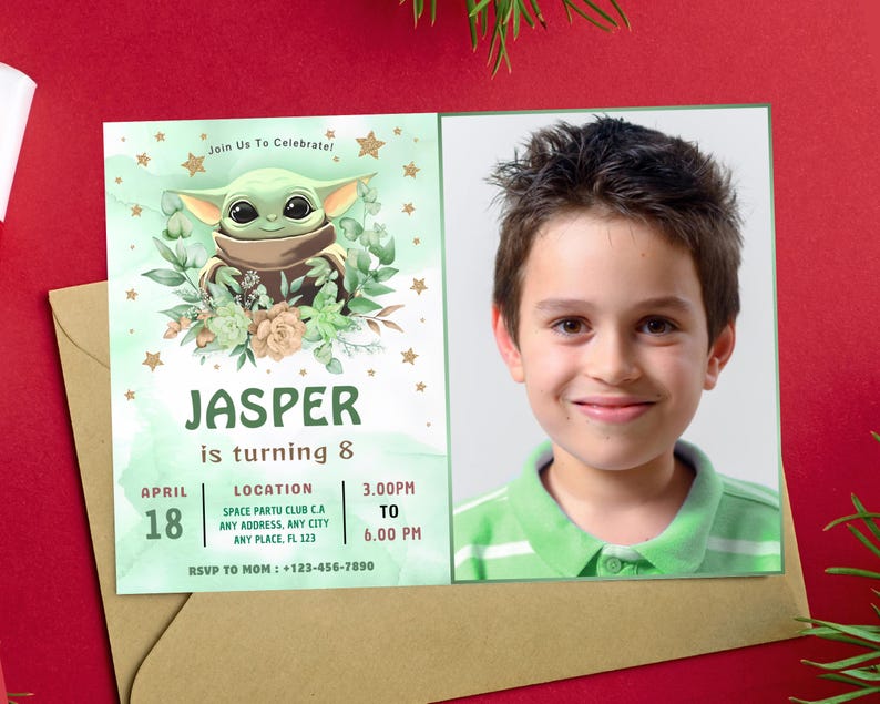 May include: A rectangular birthday invitation card featuring a green watercolor background, a cartoon character with large eyes and ears, gold stars, and floral accents. The text reads Jasper is turning 8, with event details and a photo of a child.