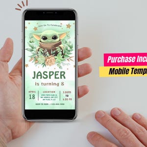 May include: A digital birthday invitation template displayed on a smartphone screen featuring a green alien character, floral accents, and gold stars. The text reads: Join Us To Celebrate! JASPER is turning 8, April 18, location details, and RSVP.