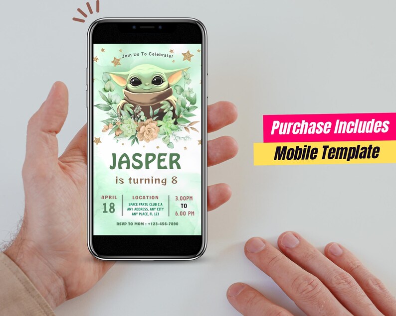 May include: A digital birthday invitation template displayed on a smartphone screen featuring a green alien character, floral accents, and gold stars. The text reads: Join Us To Celebrate! JASPER is turning 8, April 18, location details, and RSVP.