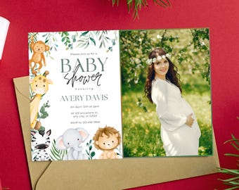 Safari Baby Shower Photo Invitation Template, Jungle Baby Shower photo Invite Safari Theme Baby Shower Invite Template Jungle Animal Shower