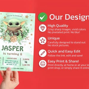 May include: A birthday invitation template featuring a green alien character, floral accents, and gold stars. Text includes Join Us To Celebrate, JASPER is turning 8, April 18, location details, and time. The right side lists Our Designs features.