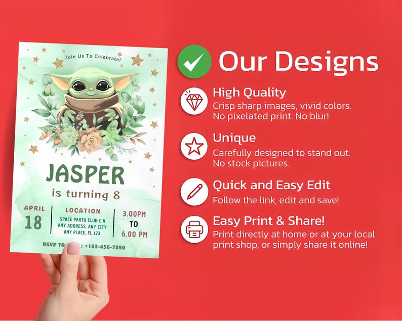 May include: A birthday invitation template featuring a green alien character, floral accents, and gold stars. Text includes Join Us To Celebrate, JASPER is turning 8, April 18, location details, and time. The right side lists Our Designs features.