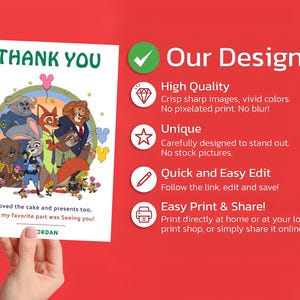Puede incluir: Una tarjeta blanca con las palabras "THANK YOU" en verde, con personajes de dibujos animados y el texto "I loved the cake and presents too, But my favorite part was Seeing you!" y "ORDAN". La tarjeta tambi&eacute;n incluye texto sobre los dise&ntilde;os.