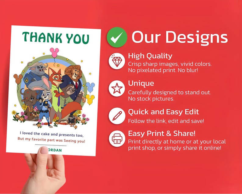 Puede incluir: Una tarjeta blanca con las palabras "THANK YOU" en verde, con personajes de dibujos animados y el texto "I loved the cake and presents too, But my favorite part was Seeing you!" y "ORDAN". La tarjeta tambi&eacute;n incluye texto sobre los dise&ntilde;os.