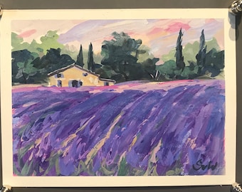Provence Lavender Painting ,,original  Gouache  painting 6 x 8’’