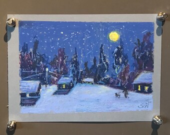 Winter Landscape painting,Fool moon country Original painting 6 x 8’’