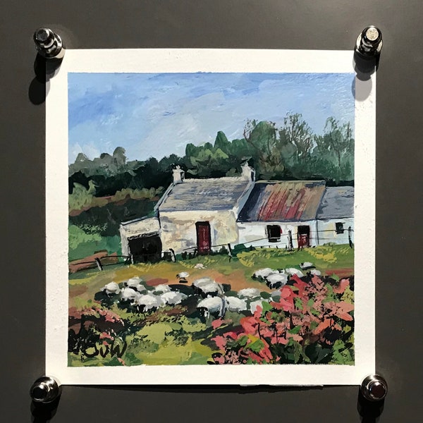 Sheep and  old cottage country rural Irish  landscape original painting 6 x 6’’