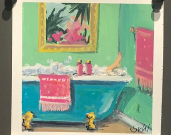 Woman in bathtub ,bathtub painting ,Bathroom  original gouache painting,6 x 6’’