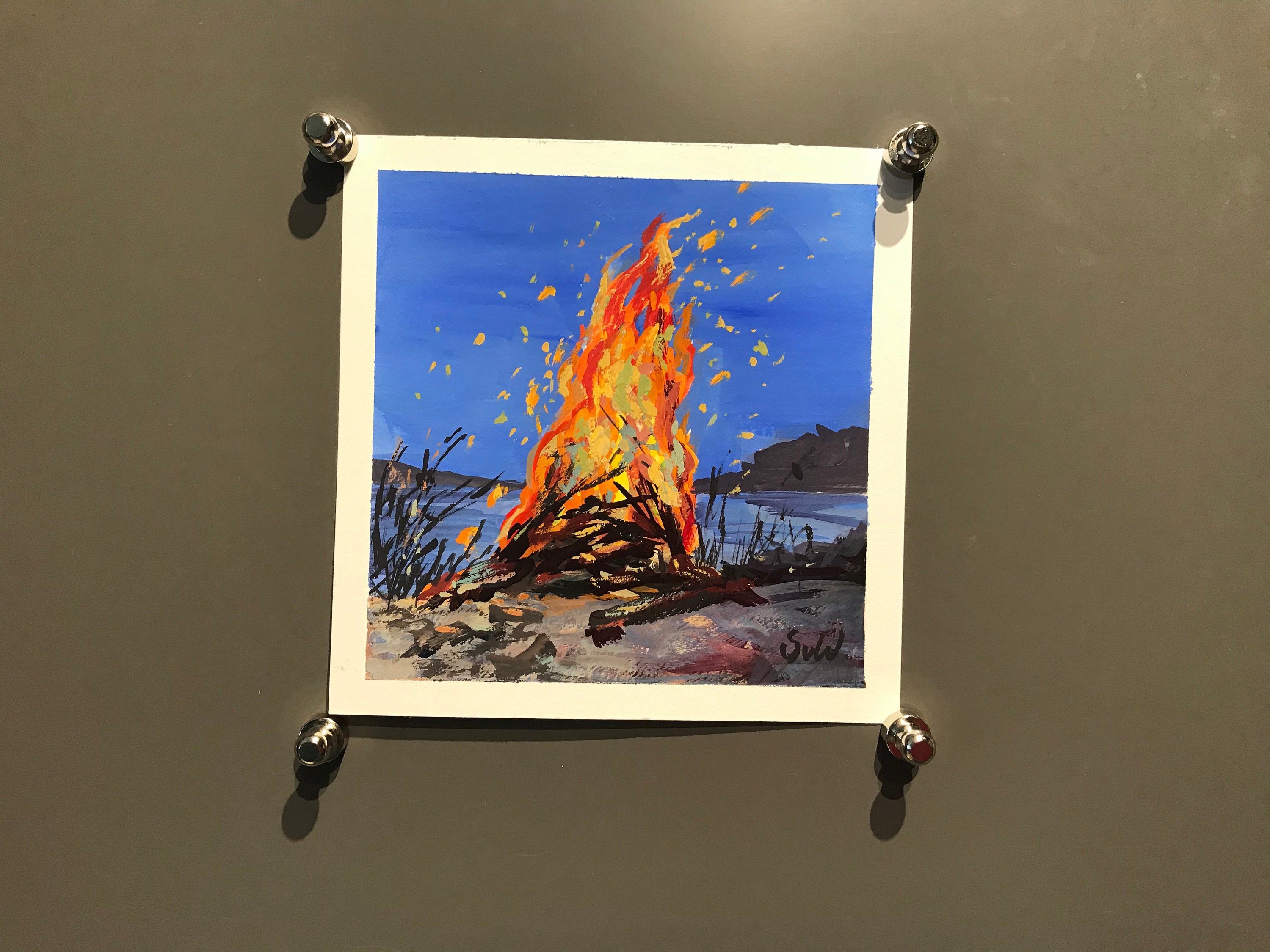 絵画「初冬の森の焚火」 焚き火の絵画・清め・浄化・再生・風水・フォトフレーム付き127