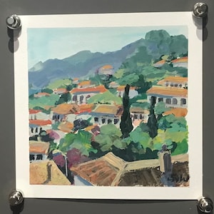 Village turc Sirindgi village de montagne peinture Turquie campagne Original Gouache peinture 6 x 6"