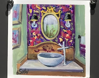 Green bathroom Painting,,Retro powder room painting Bathroom  original gouache painting,6 x 6’’