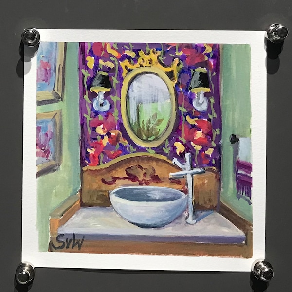 Peinture de salle de bain verte,,Peinture de salle d’eau rétro Salle de bain peinture à la gouache originale,6 x 6 ''