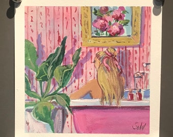 Woman in Bathtub painting-Pink Bathroom Gouache Art-6 x 6’’ Original Small Artwork-Whimsical Bathroom Wall Decor