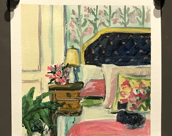 Bedroom with cat painting,Room interior painting, gouache Painting, original art 6 x 6’’