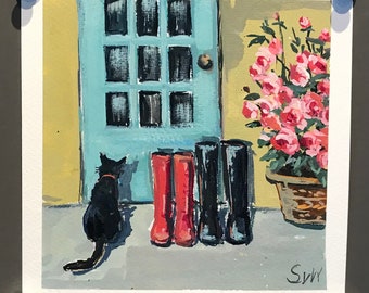 Cat and Wellington boots   Painting ,Original Cat Art,gouache painting, 6 x 6&quot;