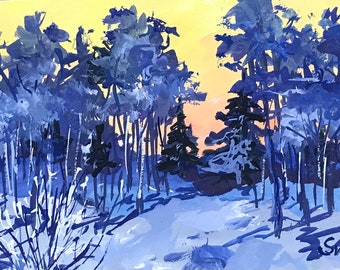 Winter forest painting ,winter gouache  painting,original art ,5 x 7”,gift idea