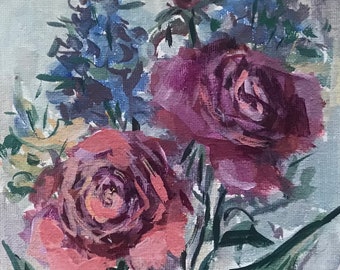 Roses painting ,original floral  painting, art 6 x 8’’,gift idea