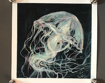 Jellyfish original painting,Fish Painting ,Kitchen original art 6 x 6’’