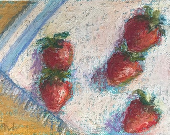 Aardbeien schilderen, keukenkunst, originele kunst, 5 x 7", cadeau-idee