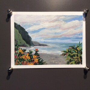 May include: A painting of a seascape with a green hillside, a sandy beach, and blue water. The sky is cloudy and light blue. There are orange and yellow flowers in the foreground.