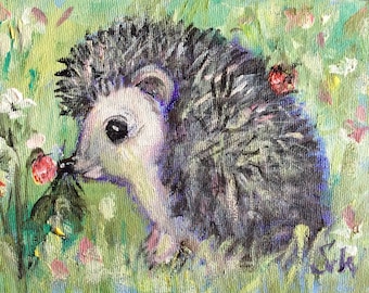 Hedgehog  Painting Children's Art Hedgehog  Art  Woodland Animals Kids art original art 5 x 7"