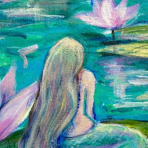 Mermaid Painting Mermaid With water lilies   original painting 8 x 10&quot;