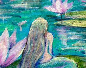 Meerjungfrau Meerjungfrau Mit Seerosen Original Gemälde 20 x 20 cm