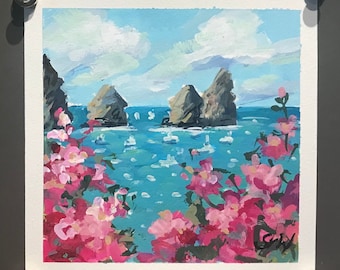 Capri View Amalfi Coast  Painting Landscape Italy Original Gouache  painting 6 x 6”