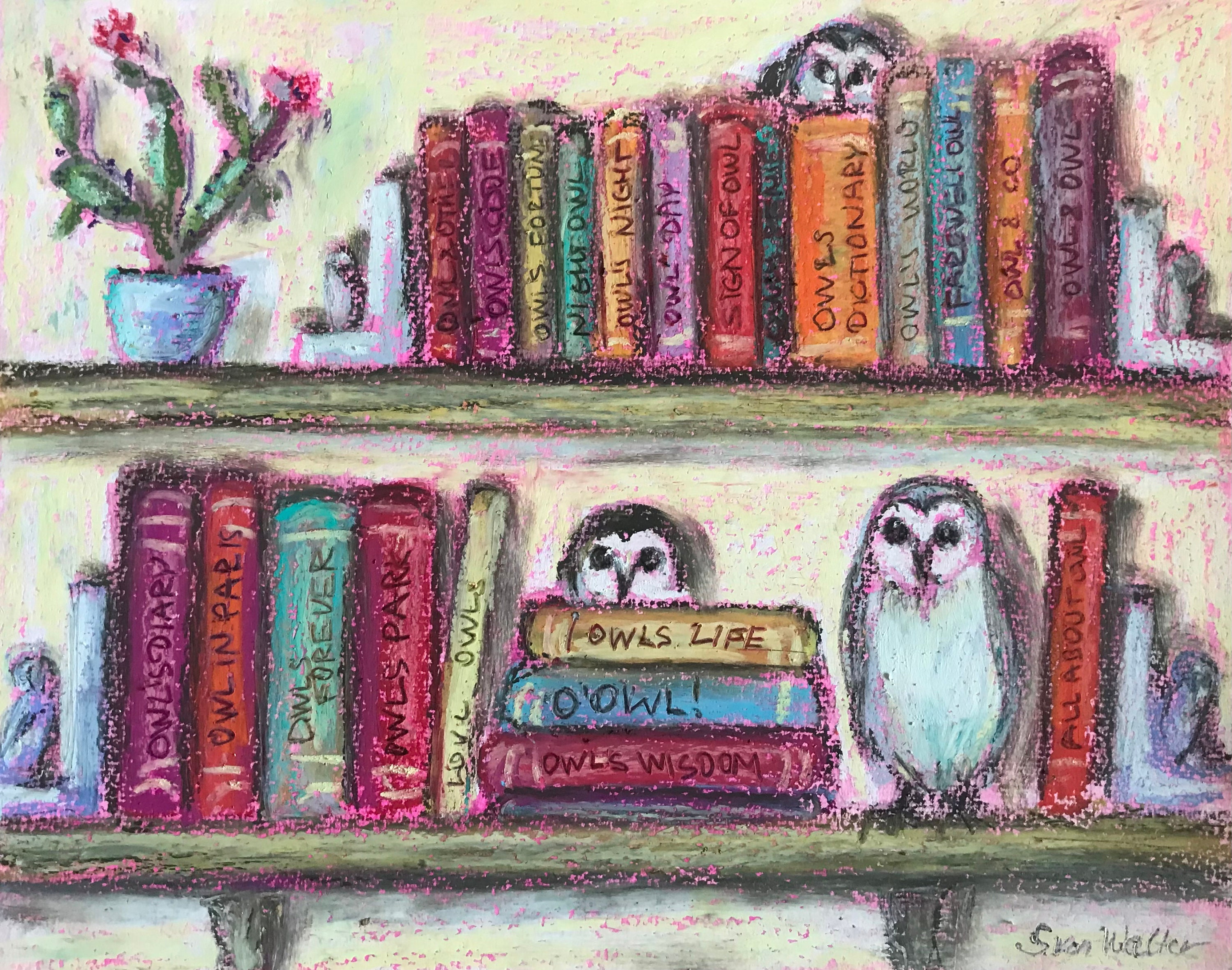 Owl library owls and books original painting on board,8 x 10’’