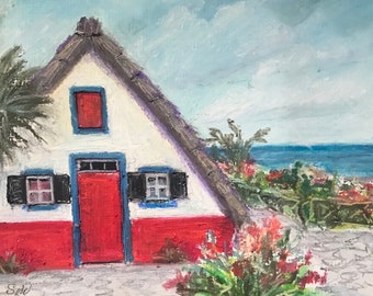 Madeira Portugal Santana house original painting on panel,8 x 10’’