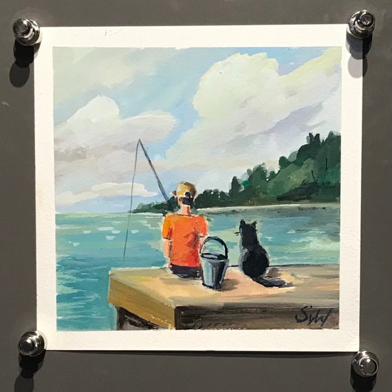 Cat and Boy Fishing Painting ,original Cat Art,gouache Painting, 6 X 6 