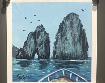 Capri View Amalfi Coast  Painting Landscape Italy Original Gouache  painting 6 x 6”