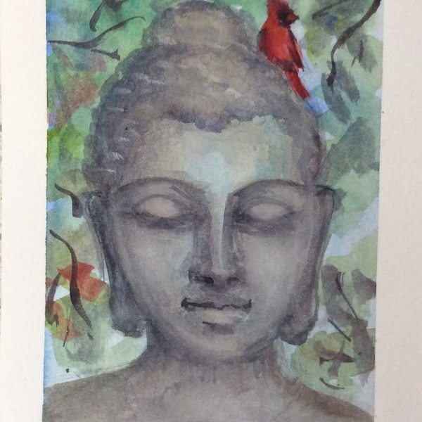 Buddha with Cardinal  painting meditation art zen original art 7 x 5"