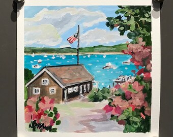 Martha vineyard painting, harbour   Original Gouache  painting 6 x 6”