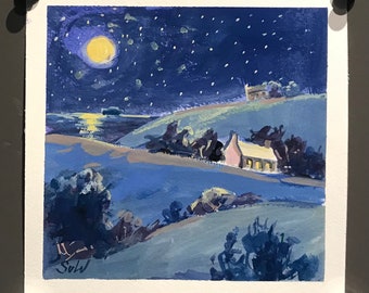 Full Moon Painting ,Moonlight Cottage Landscape ,Original Gouache  painting 6 x 6”