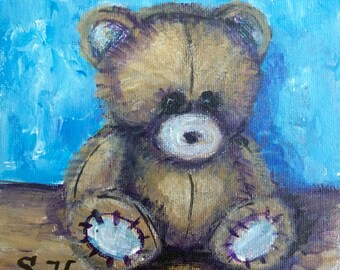 Teddy Bear Painting Kids art original art 6 x 6&quot;