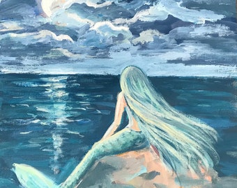 Mermaid Painting Mermaid and Full Moonoriginal painting 10 x 10’’