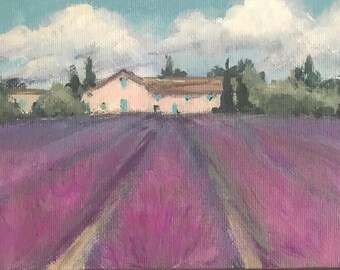 Provence lavender field France Landscape  Original painting ,5 x 7"