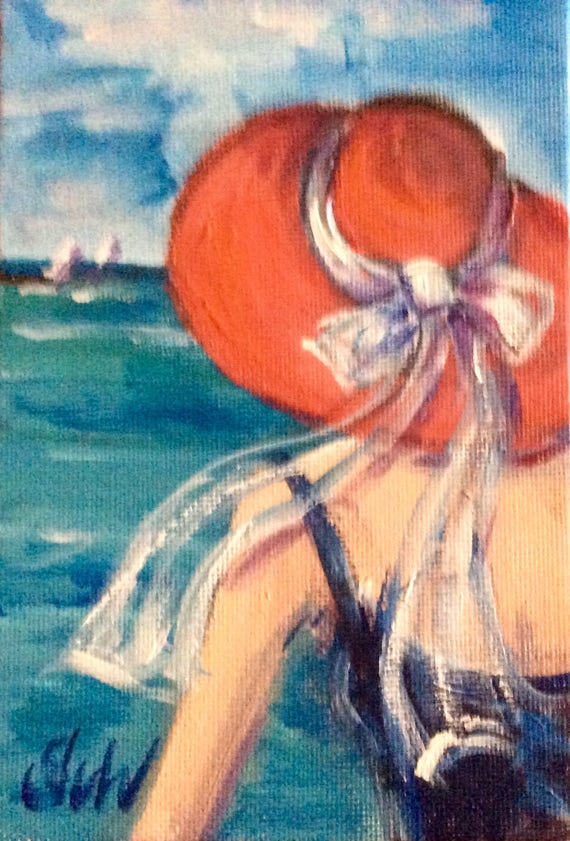 Verbazingwekkend Vrouw in rode hoed schilderij vrouw op een strand originele | Etsy NI-68