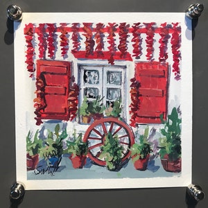 Fenêtre basque France Peinture, Peinture maison de pays rouge, Français campagne peinture originale gouache 6 x 6 »