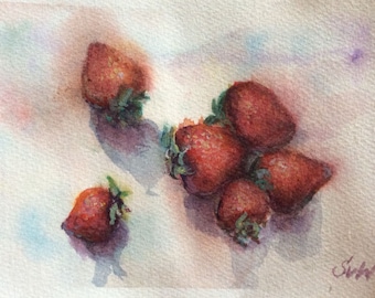 Strawberries watercolour original strawberry  painting original art 5 x 7’