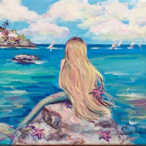 人魚の絵画 人魚と満月 オリジナル絵画 10 x 10 インチ - Etsy 日本