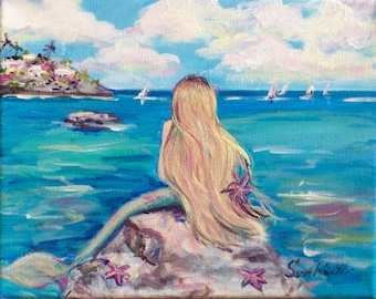 人魚の絵画 人魚と満月 オリジナル絵画 10 x 10 インチ - Etsy 日本