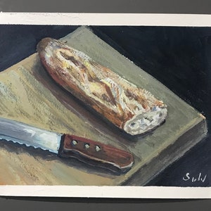 Pittura baguette ,arte della cucina,arte originale del pane ,6 x 8'',idea regalo,arredamento cucina