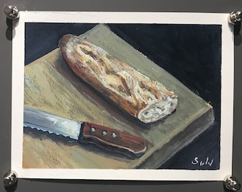 Baguette painting ,kitchen art,bread original art ,6 x 8’’,gift idea,kitchen decor