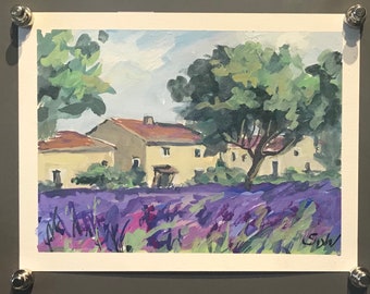 Provence Lavender Painting ,Lavender field original  Gouache  painting 6 x 8’’