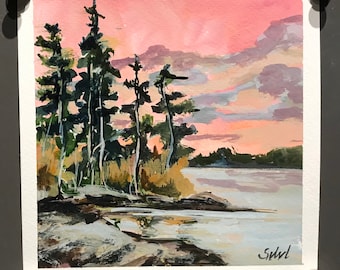 Sunset Lake ,Canadian Landscape ,Original Gouache  painting 6 x 6”